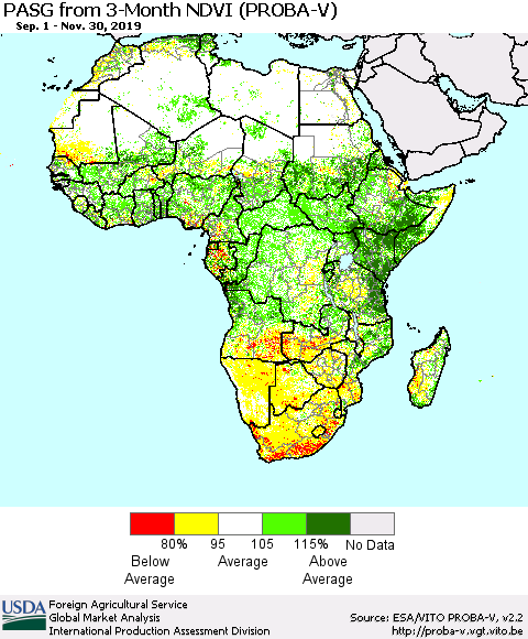 Africa PASG from 3-Month NDVI (PROBA-V) Thematic Map For 11/21/2019 - 11/30/2019