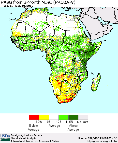 Africa PASG from 3-Month NDVI (PROBA-V) Thematic Map For 12/1/2019 - 12/10/2019