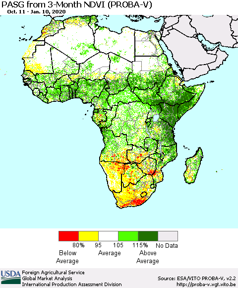 Africa PASG from 3-Month NDVI (PROBA-V) Thematic Map For 1/1/2020 - 1/10/2020