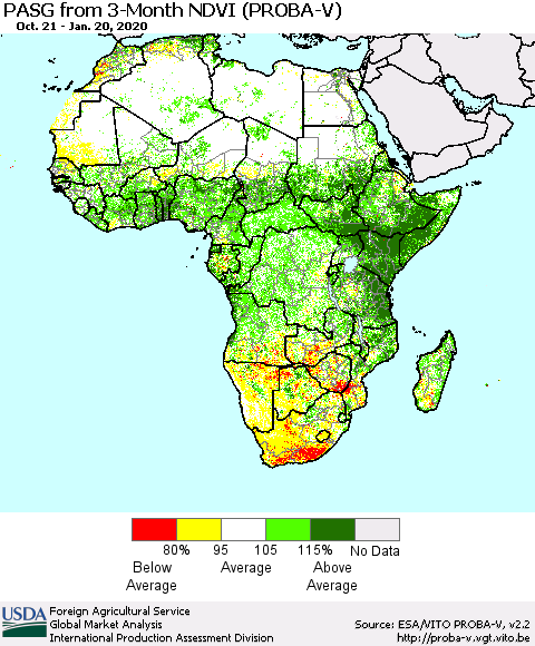 Africa PASG from 3-Month NDVI (PROBA-V) Thematic Map For 1/11/2020 - 1/20/2020