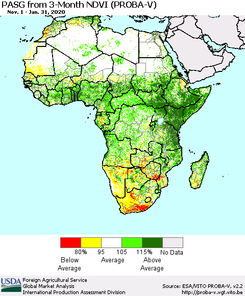 Africa PASG from 3-Month NDVI (PROBA-V) Thematic Map For 1/21/2020 - 1/31/2020
