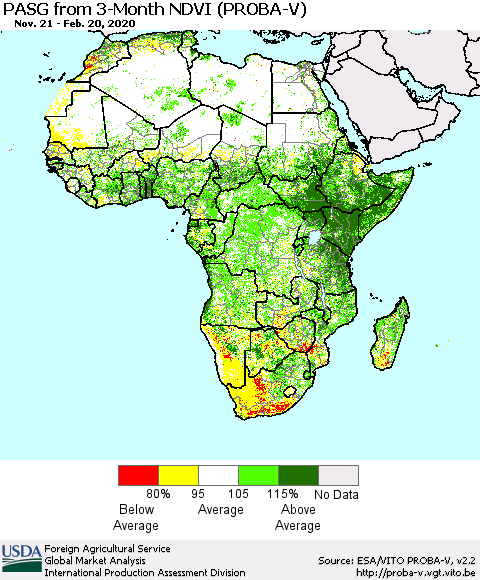 Africa PASG from 3-Month NDVI (PROBA-V) Thematic Map For 2/11/2020 - 2/20/2020