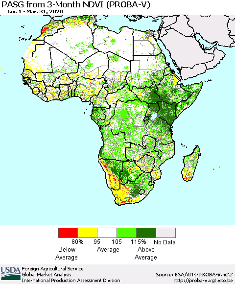 Africa PASG from 3-Month NDVI (PROBA-V) Thematic Map For 3/21/2020 - 3/31/2020