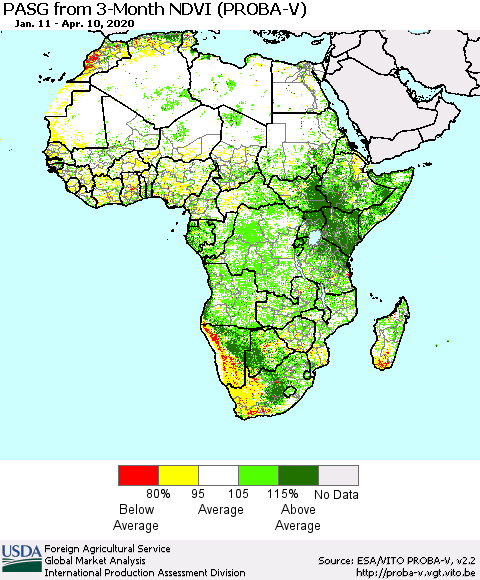 Africa PASG from 3-Month NDVI (PROBA-V) Thematic Map For 4/1/2020 - 4/10/2020