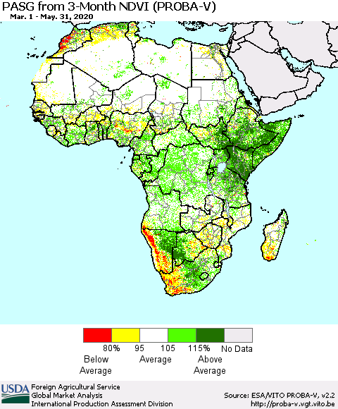 Africa PASG from 3-Month NDVI (PROBA-V) Thematic Map For 5/21/2020 - 5/31/2020
