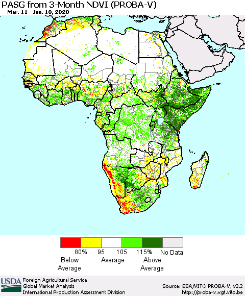 Africa PASG from 3-Month NDVI (PROBA-V) Thematic Map For 6/1/2020 - 6/10/2020