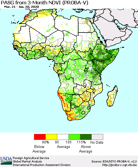 Africa PASG from 3-Month NDVI (PROBA-V) Thematic Map For 6/11/2020 - 6/20/2020