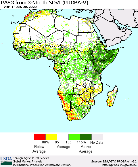 Africa PASG from 3-Month NDVI (PROBA-V) Thematic Map For 6/21/2020 - 6/30/2020