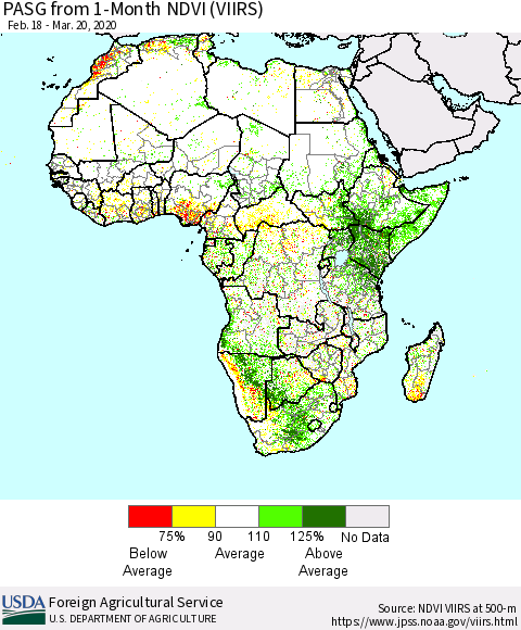 Africa PASG from 1-Month NDVI (VIIRS) Thematic Map For 3/11/2020 - 3/20/2020