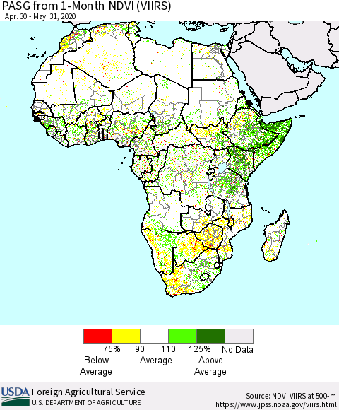 Africa PASG from 1-Month NDVI (VIIRS) Thematic Map For 5/21/2020 - 5/31/2020