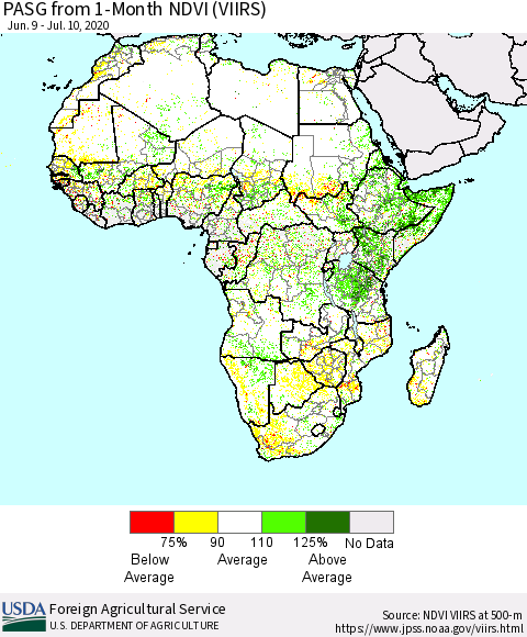 Africa PASG from 1-Month NDVI (VIIRS) Thematic Map For 7/1/2020 - 7/10/2020