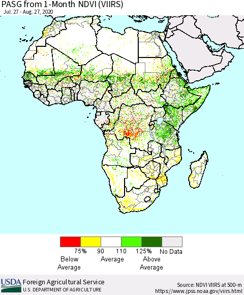 Africa PASG from 1-Month NDVI (VIIRS) Thematic Map For 8/21/2020 - 8/31/2020
