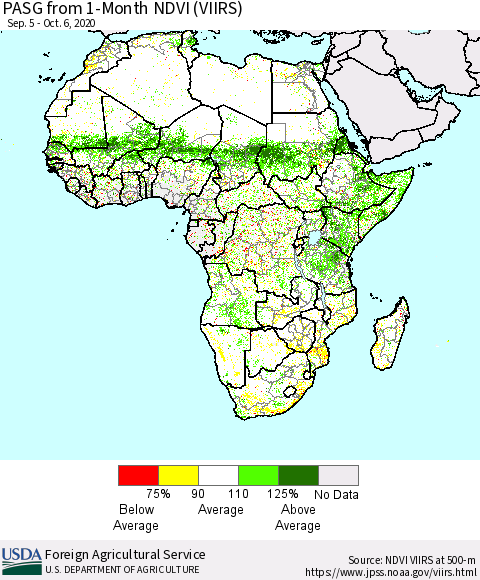 Africa PASG from 1-Month NDVI (VIIRS) Thematic Map For 10/1/2020 - 10/10/2020
