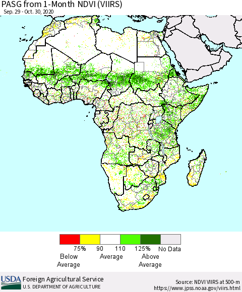 Africa PASG from 1-Month NDVI (VIIRS) Thematic Map For 10/21/2020 - 10/31/2020