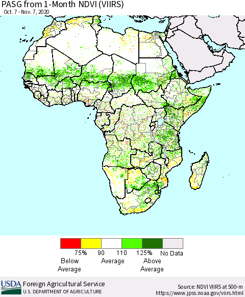 Africa PASG from 1-Month NDVI (VIIRS) Thematic Map For 11/1/2020 - 11/10/2020