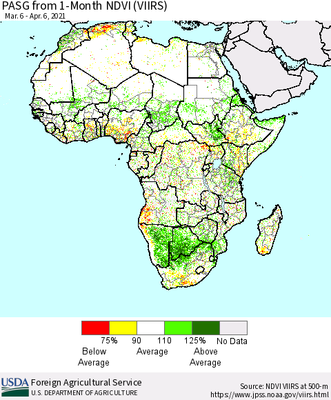 Africa PASG from 1-Month NDVI (VIIRS) Thematic Map For 4/1/2021 - 4/10/2021