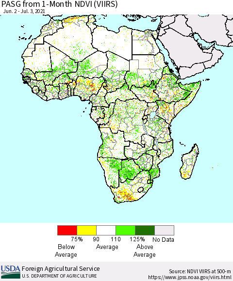 Africa PASG from 1-Month NDVI (VIIRS) Thematic Map For 7/1/2021 - 7/10/2021