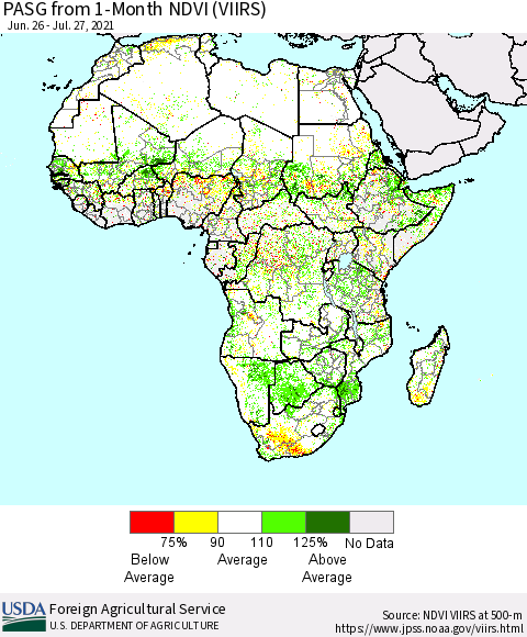 Africa PASG from 1-Month NDVI (VIIRS) Thematic Map For 7/21/2021 - 7/31/2021