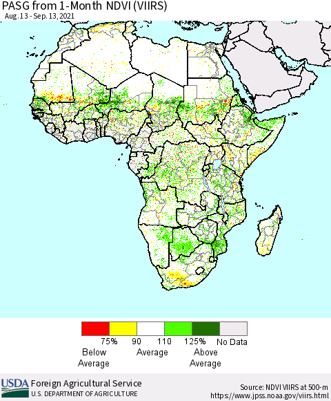 Africa PASG from 1-Month NDVI (VIIRS) Thematic Map For 9/11/2021 - 9/20/2021