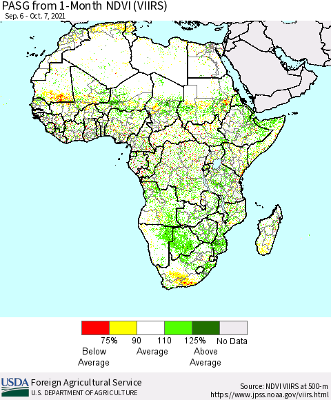 Africa PASG from 1-Month NDVI (VIIRS) Thematic Map For 10/1/2021 - 10/10/2021