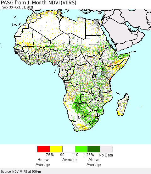 Africa PASG from 1-Month NDVI (VIIRS) Thematic Map For 10/21/2021 - 10/31/2021