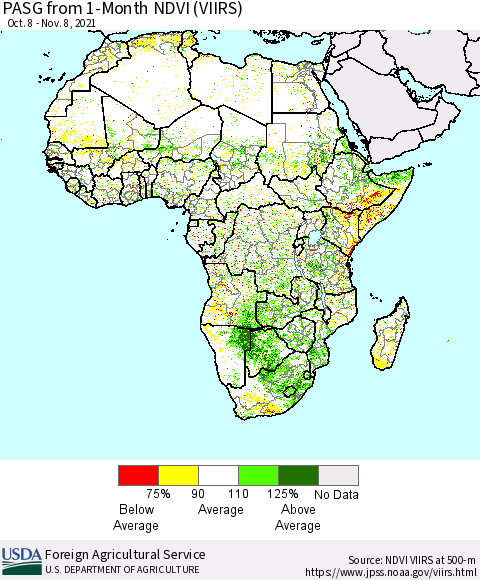 Africa PASG from 1-Month NDVI (VIIRS) Thematic Map For 11/1/2021 - 11/10/2021