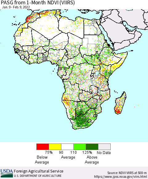 Africa PASG from 1-Month NDVI (VIIRS) Thematic Map For 2/1/2022 - 2/10/2022