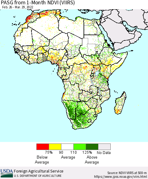 Africa PASG from 1-Month NDVI (VIIRS) Thematic Map For 3/21/2022 - 3/31/2022