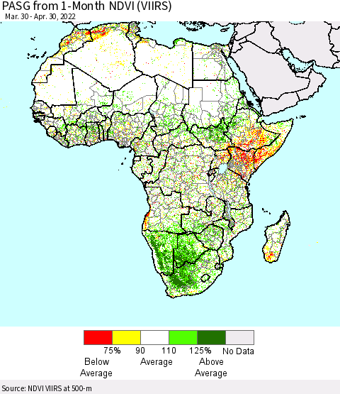 Africa PASG from 1-Month NDVI (VIIRS) Thematic Map For 4/23/2022 - 4/30/2022