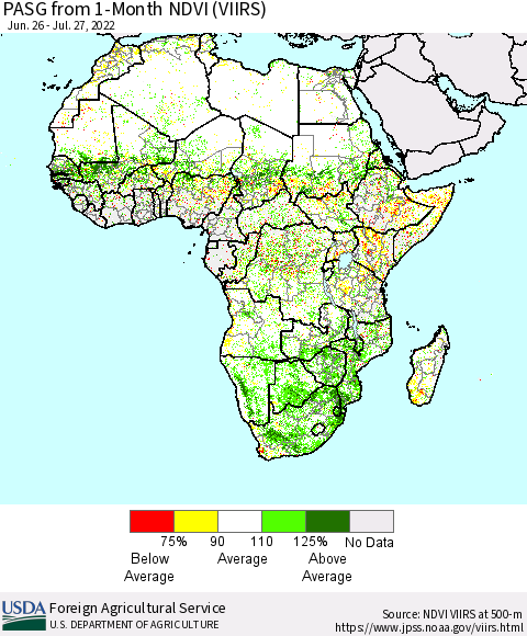Africa PASG from 1-Month NDVI (VIIRS) Thematic Map For 7/21/2022 - 7/31/2022