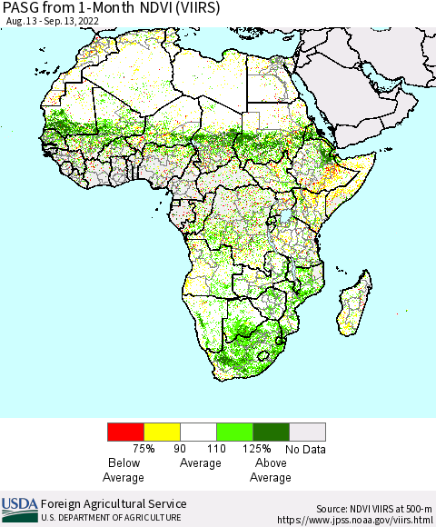 Africa PASG from 1-Month NDVI (VIIRS) Thematic Map For 9/11/2022 - 9/20/2022