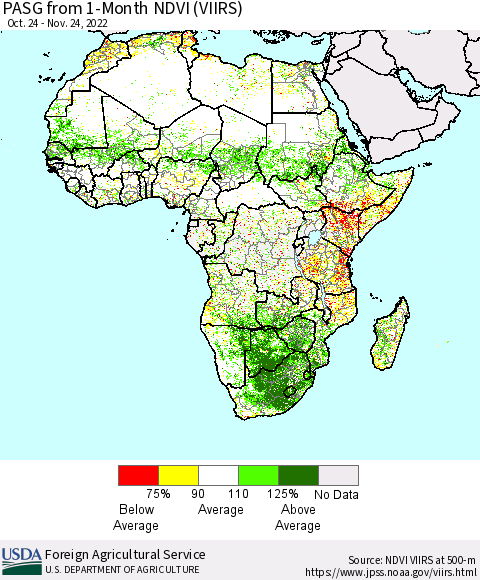 Africa PASG from 1-Month NDVI (VIIRS) Thematic Map For 11/21/2022 - 11/30/2022