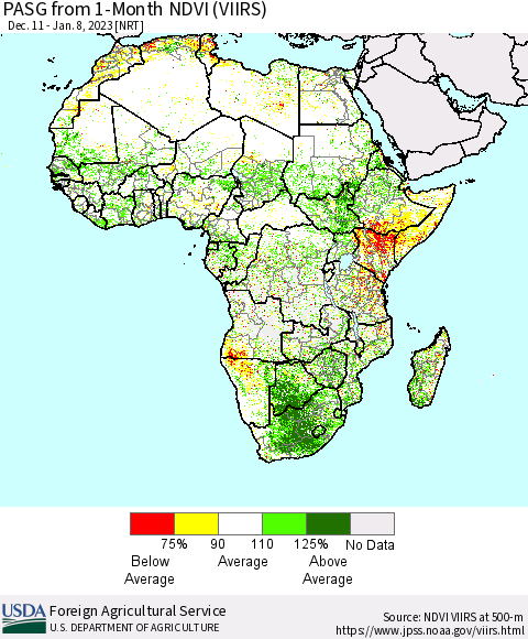 Africa PASG from 1-Month NDVI (VIIRS) Thematic Map For 1/1/2023 - 1/10/2023