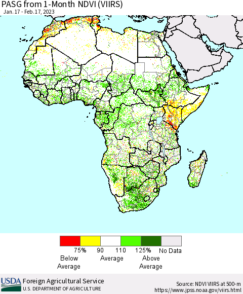 Africa PASG from 1-Month NDVI (VIIRS) Thematic Map For 2/11/2023 - 2/20/2023