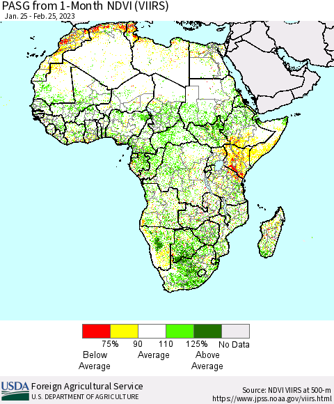 Africa PASG from 1-Month NDVI (VIIRS) Thematic Map For 2/21/2023 - 2/28/2023
