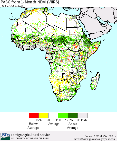 Africa PASG from 1-Month NDVI (VIIRS) Thematic Map For 7/1/2023 - 7/10/2023