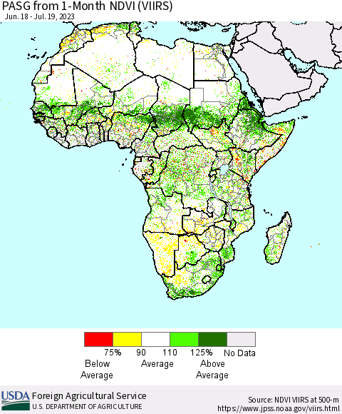 Africa PASG from 1-Month NDVI (VIIRS) Thematic Map For 7/11/2023 - 7/20/2023