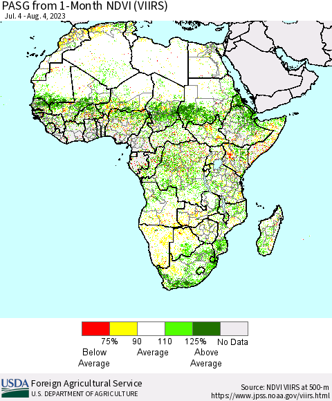 Africa PASG from 1-Month NDVI (VIIRS) Thematic Map For 8/1/2023 - 8/10/2023