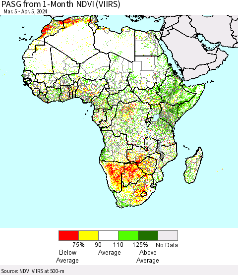 Africa PASG from 1-Month NDVI (VIIRS) Thematic Map For 3/29/2024 - 4/5/2024