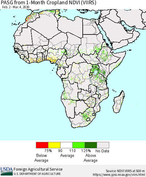 Africa PASG from 1-Month Cropland NDVI (VIIRS) Thematic Map For 3/1/2020 - 3/10/2020