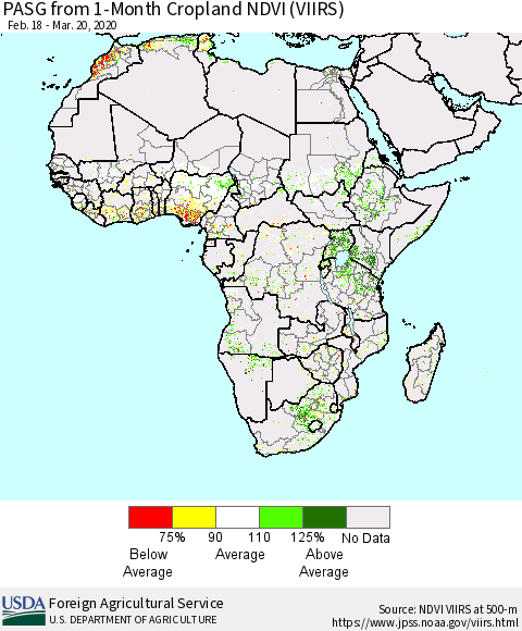 Africa PASG from 1-Month Cropland NDVI (VIIRS) Thematic Map For 3/11/2020 - 3/20/2020