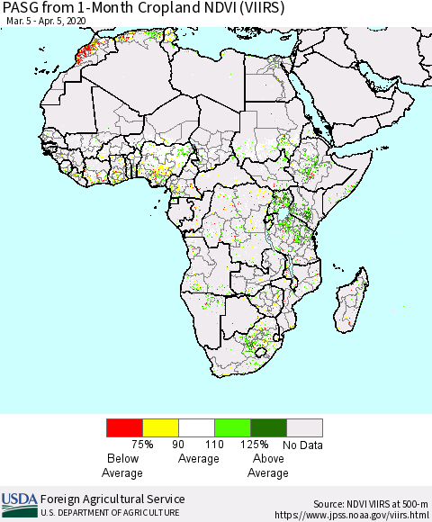 Africa PASG from 1-Month Cropland NDVI (VIIRS) Thematic Map For 4/1/2020 - 4/10/2020