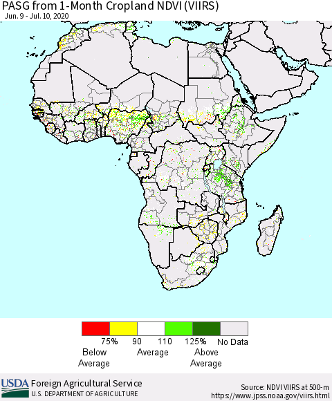 Africa PASG from 1-Month Cropland NDVI (VIIRS) Thematic Map For 7/1/2020 - 7/10/2020