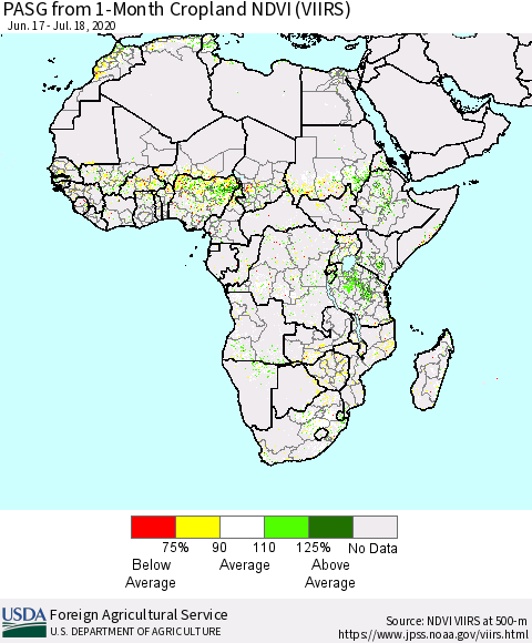 Africa PASG from 1-Month Cropland NDVI (VIIRS) Thematic Map For 7/11/2020 - 7/20/2020