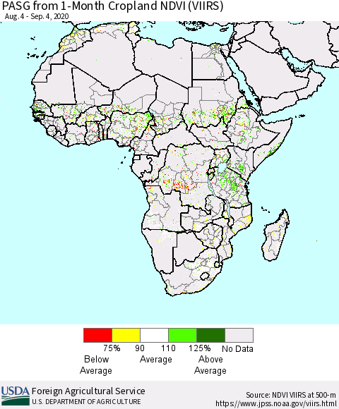 Africa PASG from 1-Month Cropland NDVI (VIIRS) Thematic Map For 9/1/2020 - 9/10/2020