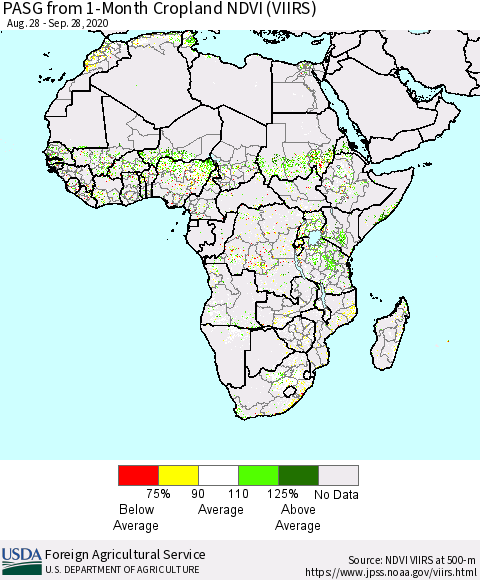 Africa PASG from 1-Month Cropland NDVI (VIIRS) Thematic Map For 9/21/2020 - 9/30/2020