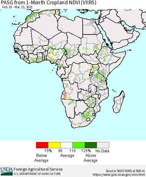 Africa PASG from 1-Month Cropland NDVI (VIIRS) Thematic Map For 3/11/2021 - 3/20/2021