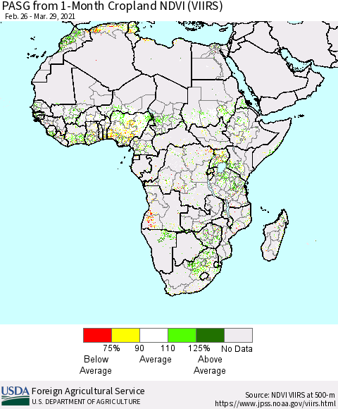 Africa PASG from 1-Month Cropland NDVI (VIIRS) Thematic Map For 3/21/2021 - 3/31/2021
