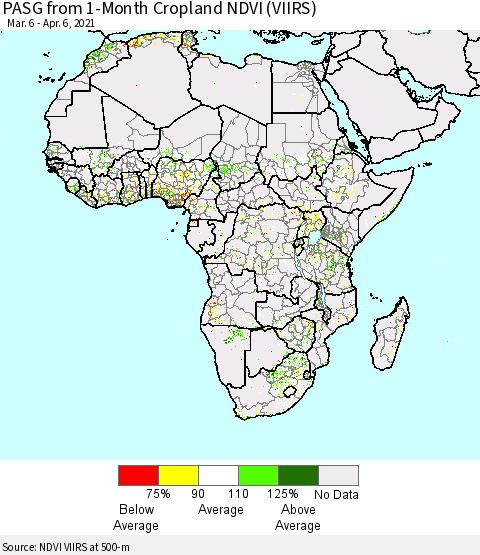 Africa PASG from 1-Month Cropland NDVI (VIIRS) Thematic Map For 3/30/2021 - 4/6/2021