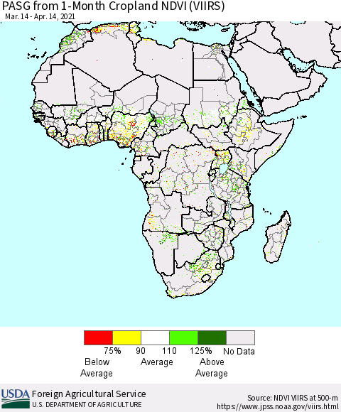 Africa PASG from 1-Month Cropland NDVI (VIIRS) Thematic Map For 4/11/2021 - 4/20/2021